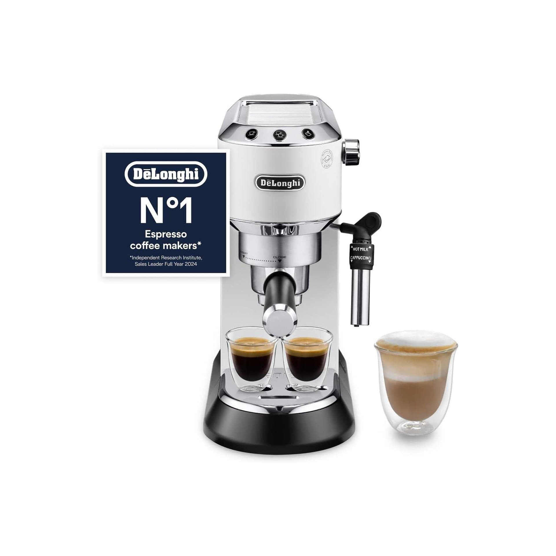 Кафемашина - De'Longhi Dedica Style EC 685.W 15 bar, 1 l резервоар, дюза за мляко, E.S.E. подложки, бяла