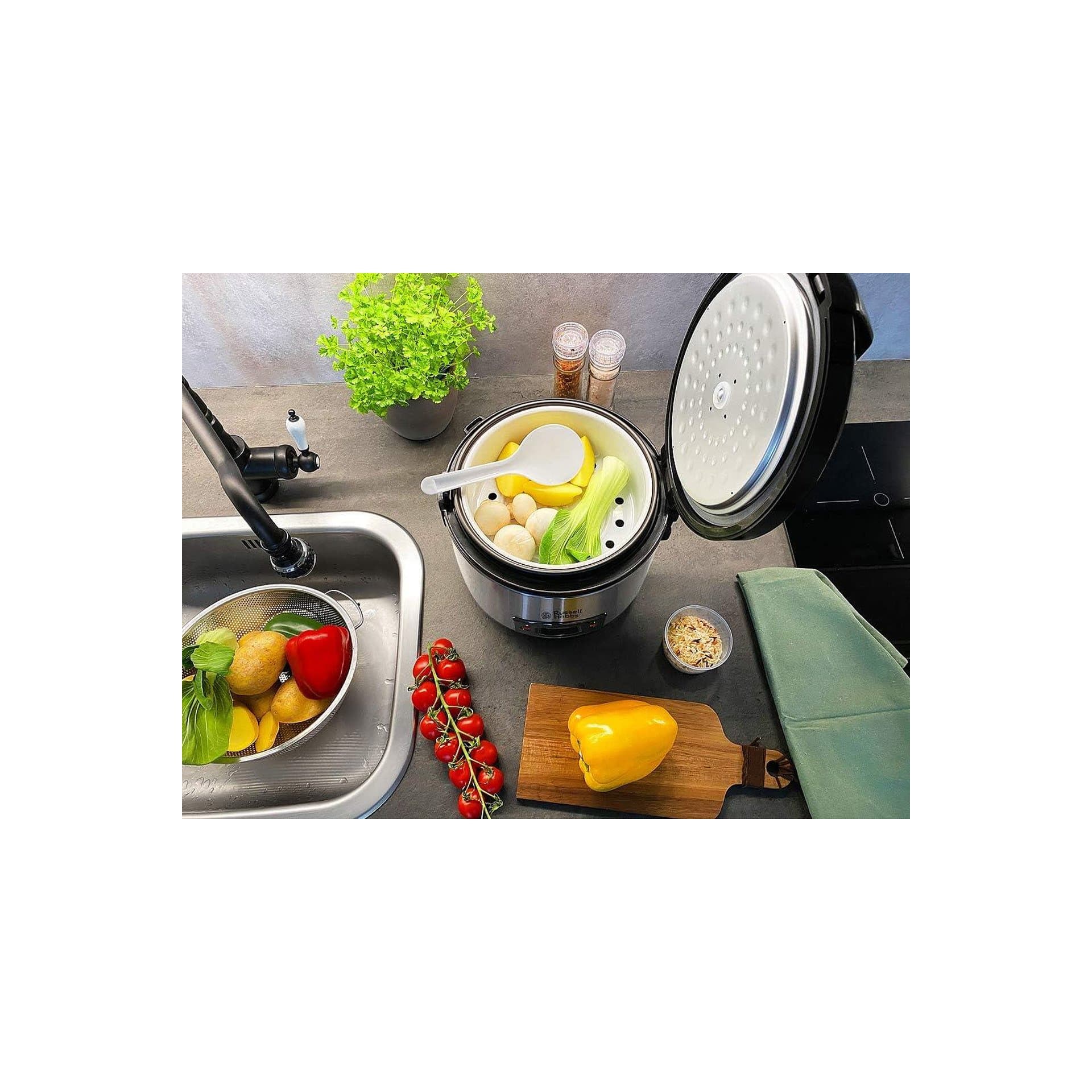 Оризоварка – Russell Hobbs 27080-56, 1.2 L, функция за поддържане на топлина, пара, незалепващо покритие, мерителна чаша и лъжица 6