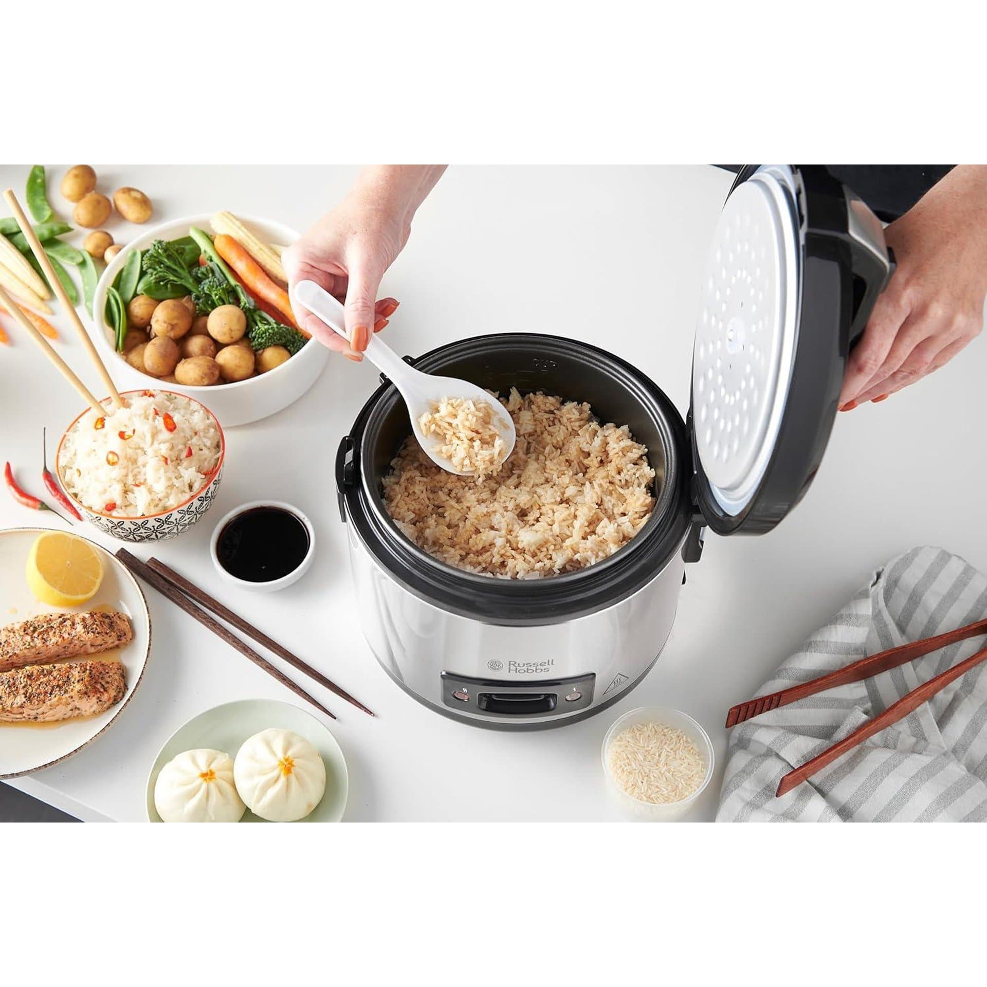 Оризоварка – Russell Hobbs 27080-56, 1.2 L, функция за поддържане на топлина, пара, незалепващо покритие, мерителна чаша и лъжица 9