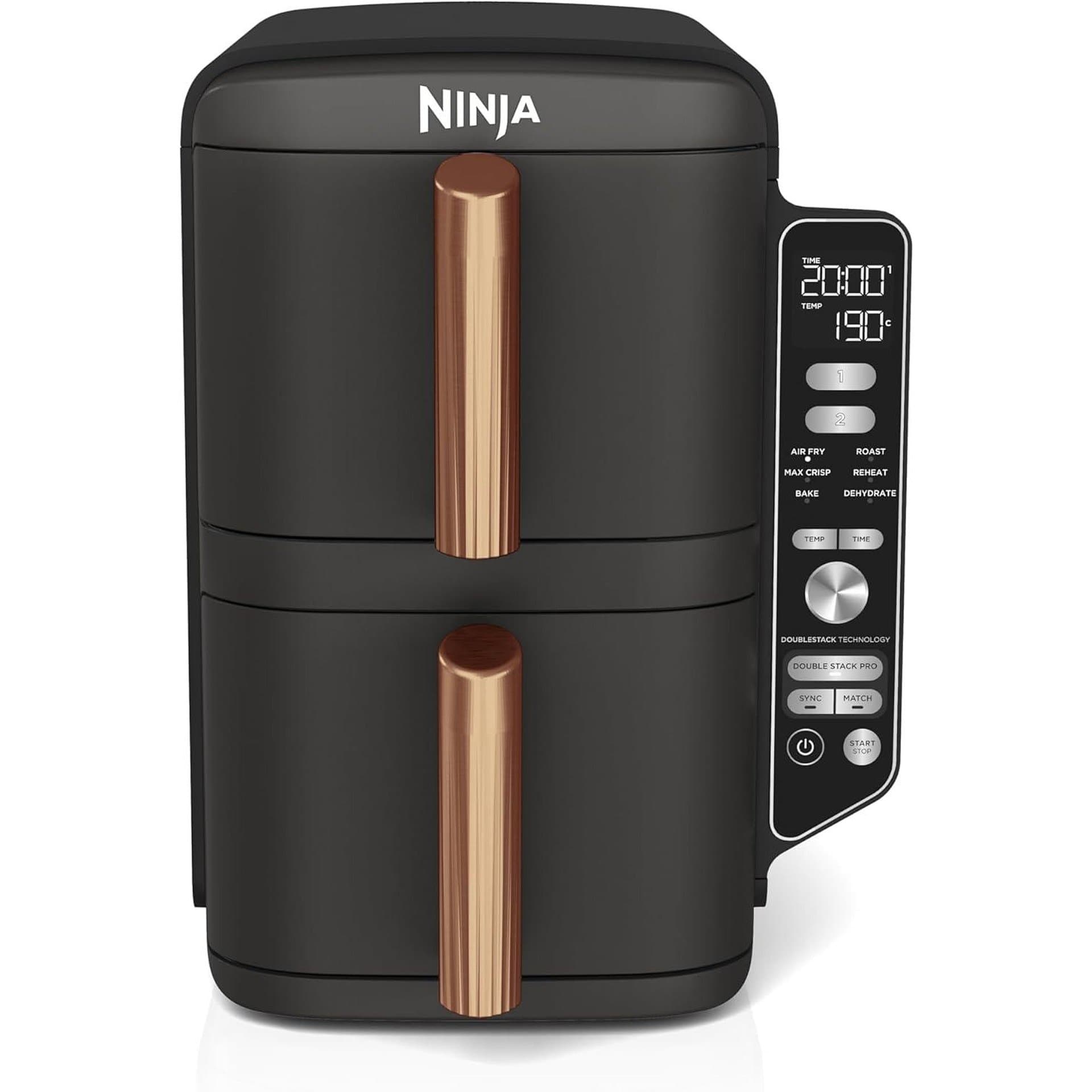 Фритюрник с горещ въздух - Ninja SL400EUCP Double Stack XL 9.5L, 2 вертикални чекмеджета, 4 нива на готвене, 6 функции, капацитет за 8 порции, черен/меден